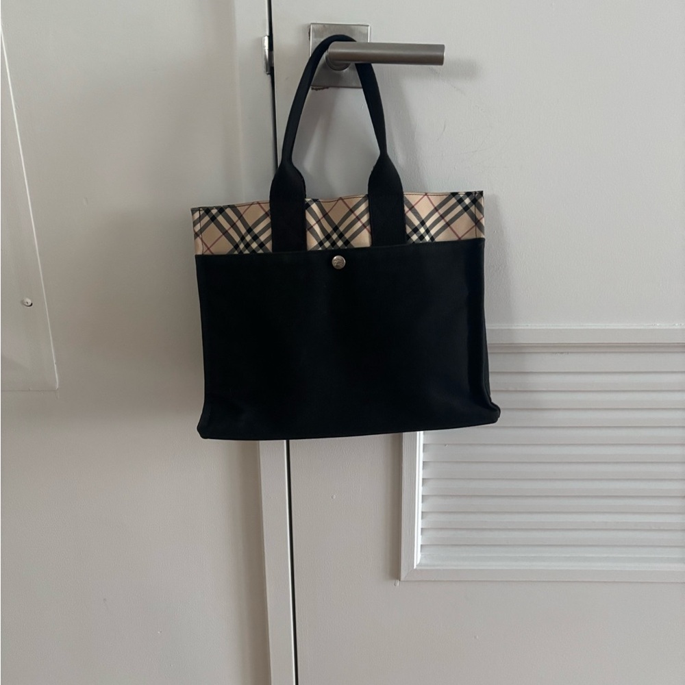 BURBERRY BLUE LABEL Small Black Tote Bag with Plaid Nova check Trim